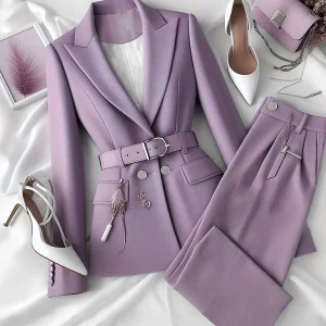 Urban elegant temperament solid color commuter office business suit jacket with belt and long trousers two-piece set, office bus