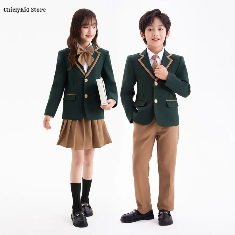 Children British Green School Uniform Girls Korean Jacket Pleated Skirts Boys Blazers Pants Suits Kids Teens Student Clothes Set - Image 2