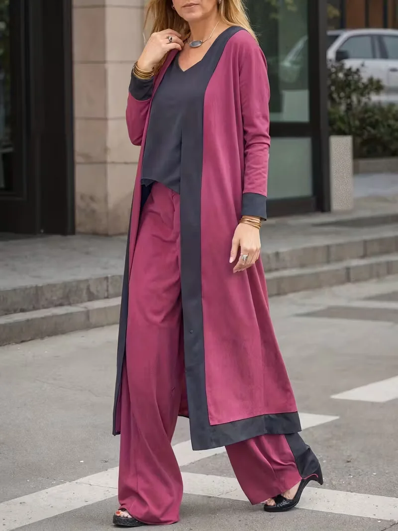 Ladies Long Cardigan Sling Top Wide Leg Pants Suit Three Piece Suit Woman Casual Loose Suit - Image 5