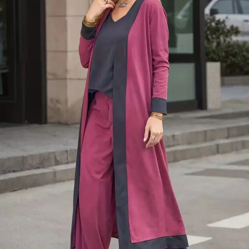 Ladies Long Cardigan Sling Top Wide Leg Pants Suit Three Piece Suit Woman Casual Loose Suit - Image 3