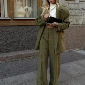 Woolen Blazer Pants Suits Women Lapel One Button Long Sleeves Shoulder Pad Set Female 2025 Autumn Winter Fashion Solid Outwear