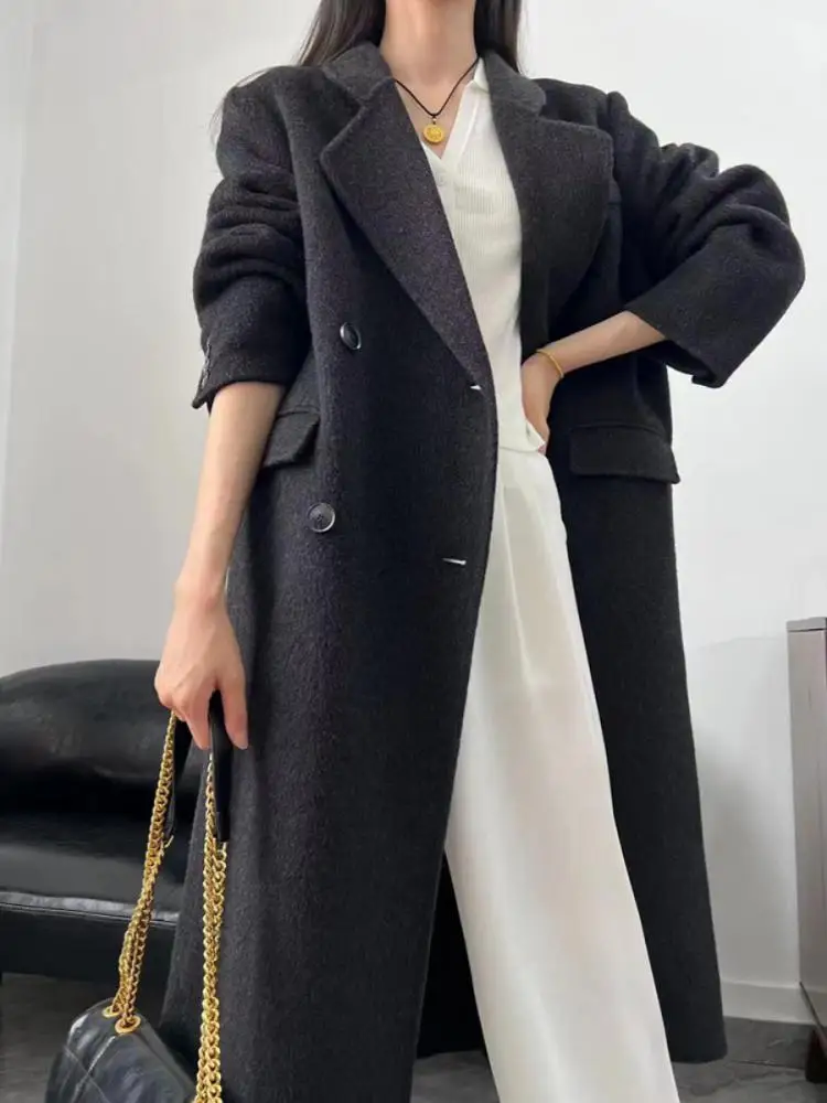 Right Angle Shoulder Double-Breasted Woolen Jackets Women's 2024 Autumn And Winter Office Lady Commuter Long 100% Wool Coats - Image 3