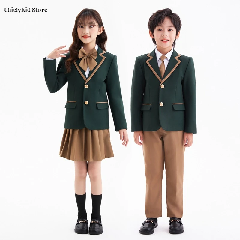 Children British Green School Uniform Girls Korean Jacket Pleated Skirts Boys Blazers Pants Suits Kids Teens Student Clothes Set