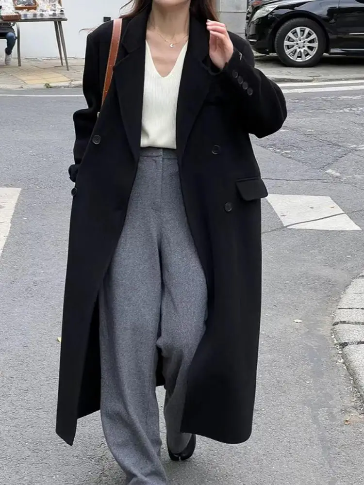 Right Angle Shoulder Double-Breasted Woolen Jackets Women's 2024 Autumn And Winter Office Lady Commuter Long 100% Wool Coats - Image 2