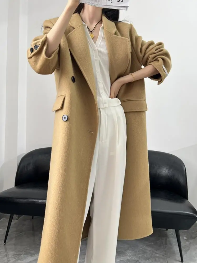 Right Angle Shoulder Double-Breasted Woolen Jackets Women's 2024 Autumn And Winter Office Lady Commuter Long 100% Wool Coats - Image 4