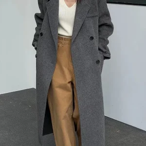 Right Angle Shoulder Double-Breasted Woolen Jackets Women's 2024 Autumn And Winter Office Lady Commuter Long 100% Wool Coats