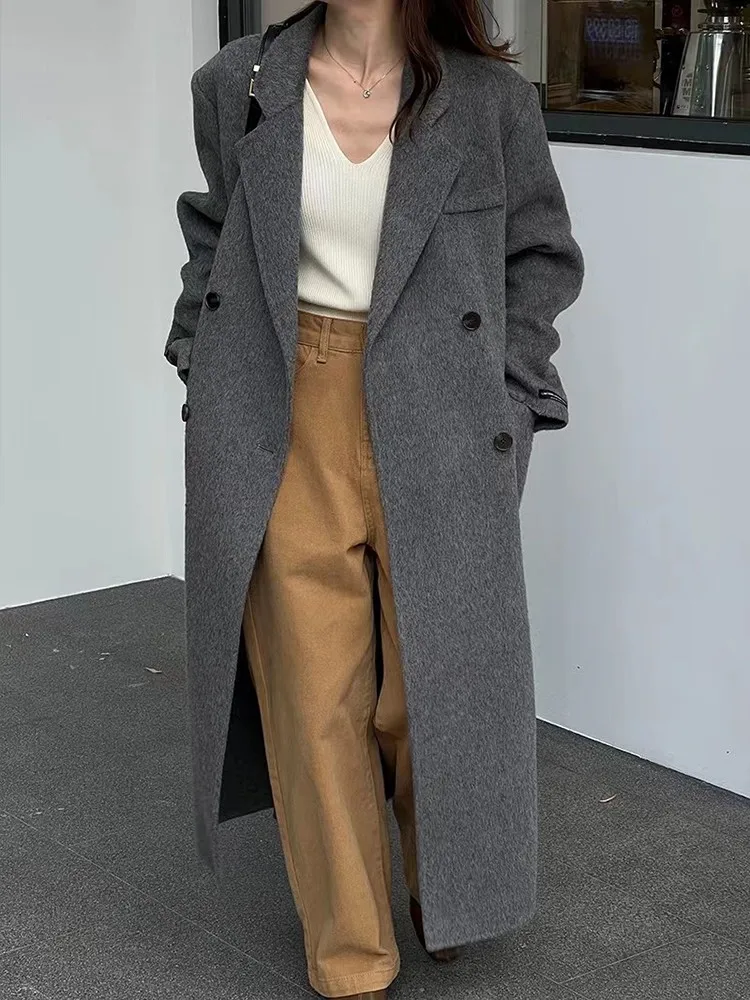 Right Angle Shoulder Double-Breasted Woolen Jackets Women's 2024 Autumn And Winter Office Lady Commuter Long 100% Wool Coats