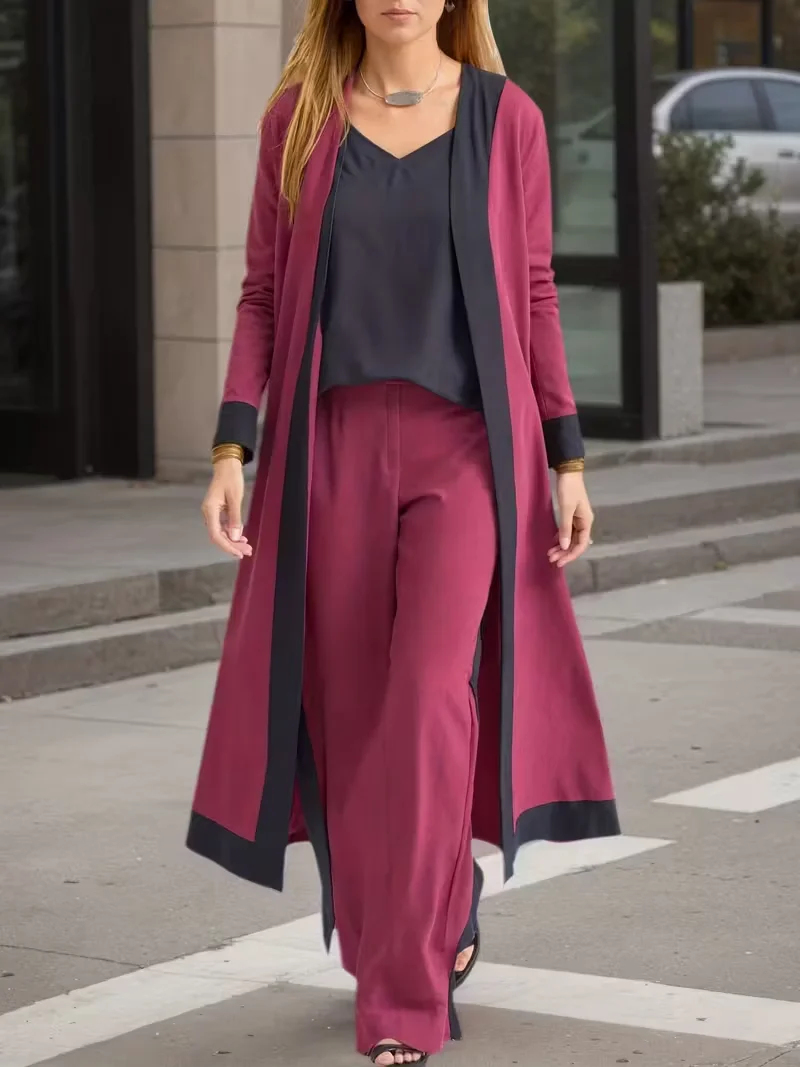 Ladies Long Cardigan Sling Top Wide Leg Pants Suit Three Piece Suit Woman Casual Loose Suit - Image 2