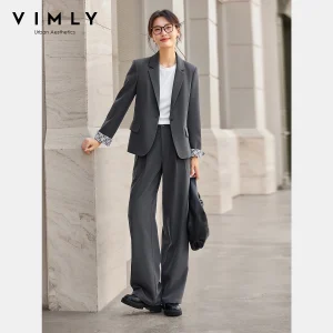 VIMLY Women Office Work Wear Blazer Pant Suits 2025 Fall Cummute Outfits Grey Blazer Jacket Wide Leg Trousers 2 Piece Sets A2575