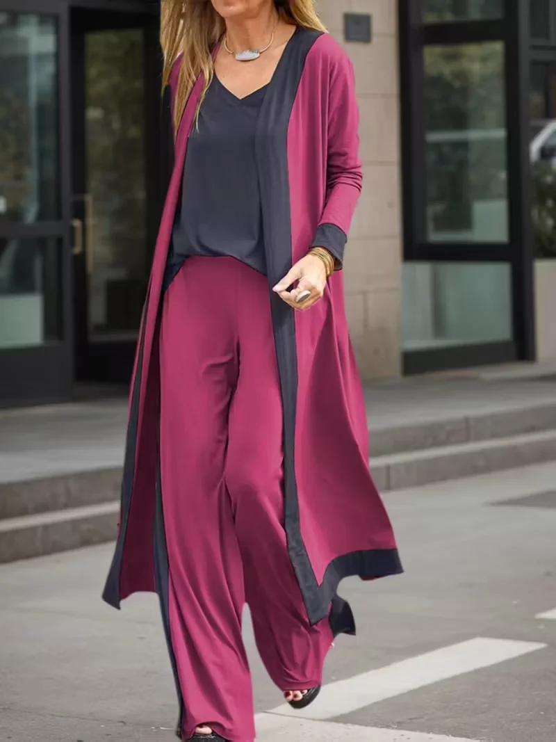 Ladies Long Cardigan Sling Top Wide Leg Pants Suit Three Piece Suit Woman Casual Loose Suit - Image 4