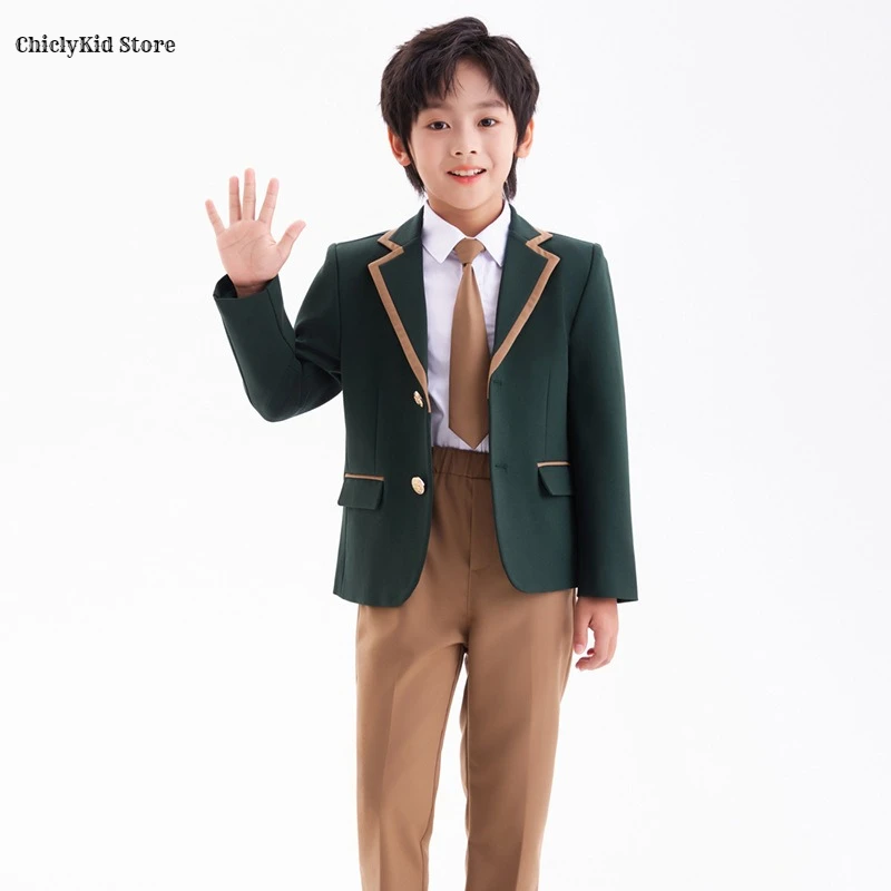 Children British Green School Uniform Girls Korean Jacket Pleated Skirts Boys Blazers Pants Suits Kids Teens Student Clothes Set - Image 3