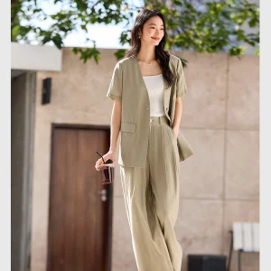 VIMLY V-neck Blazer Pant Suit Casual Commuter Women Summer Two Piece Outfit Woman New in Matching Set 2025 Ladies Clothes M9856